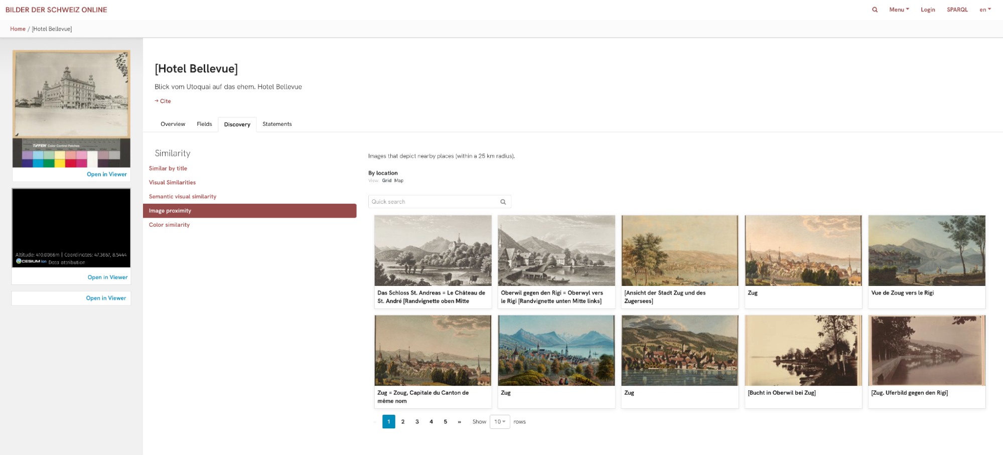 Fig.1: Screenshot of Bilder der Schweiz Online Research Platform where we can search for  images that are geographically close to where the drawing of Hotel Bellevue was taken.